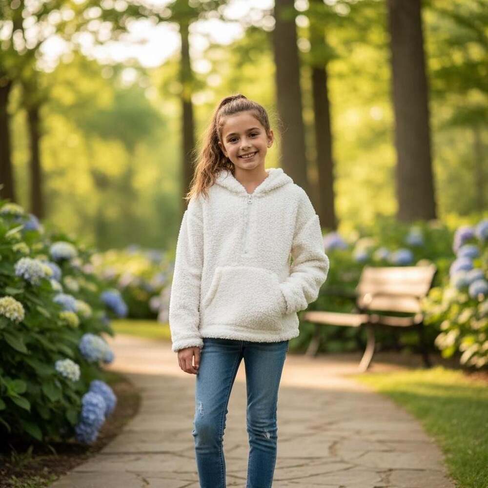 New Derek Heart Girls White Sherpa Hoodie, Quarter Zip Fleece, Size M 10/12
